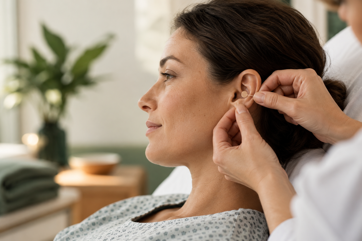 Aplicação de semente para acupressão auricular durante acompanhamento pós-operatório