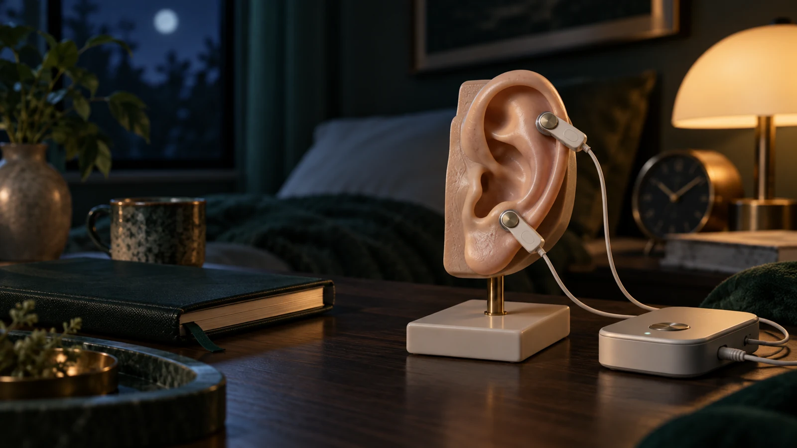 Modelo anatômico de orelha com eletrodos não invasivos ao lado de um aparelho de neuromodulação em ambiente noturno