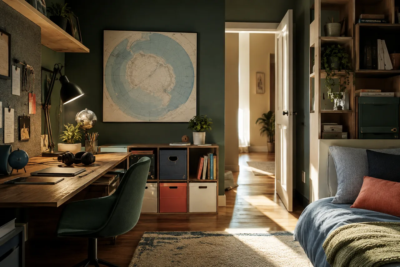 Quarto organizado com mapa polar, fones e porta aberta para corredor iluminado