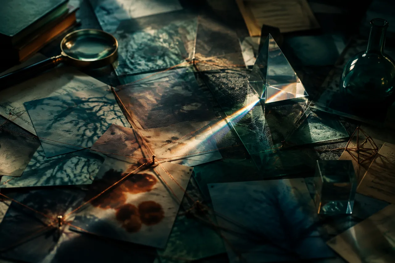 Mesa de pesquisa com fotografias abstratas, fios e um prisma