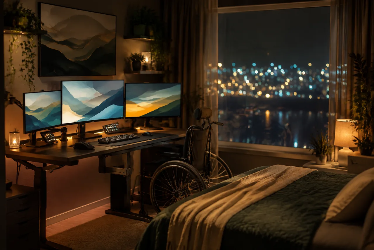 Quarto com estação adaptada de computador, cadeira de rodas e luzes distantes na janela
