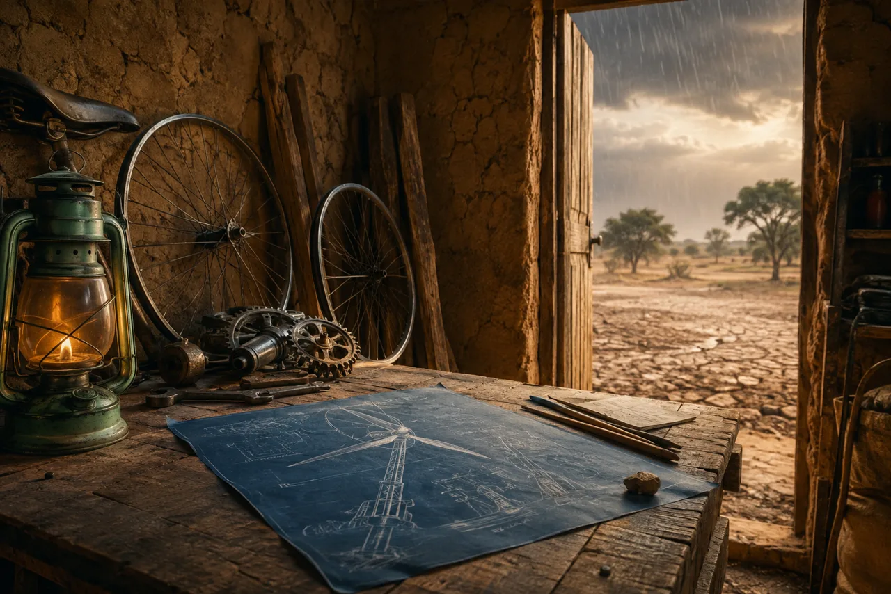 Peças de bicicleta e projeto de turbina diante de terra seca recebendo chuva