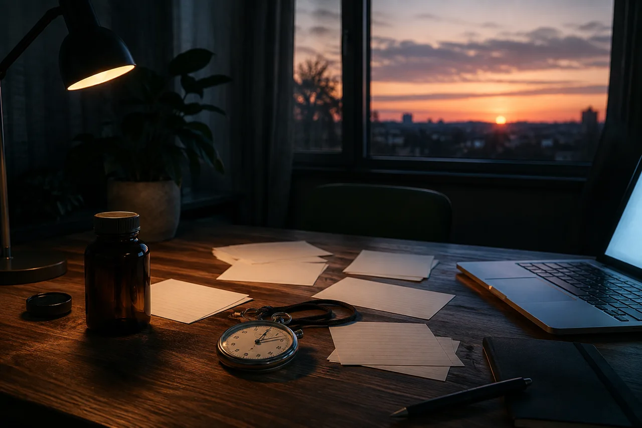 Mesa de estudo noturna com cronômetro, frasco sem rótulo e amanhecer na janela