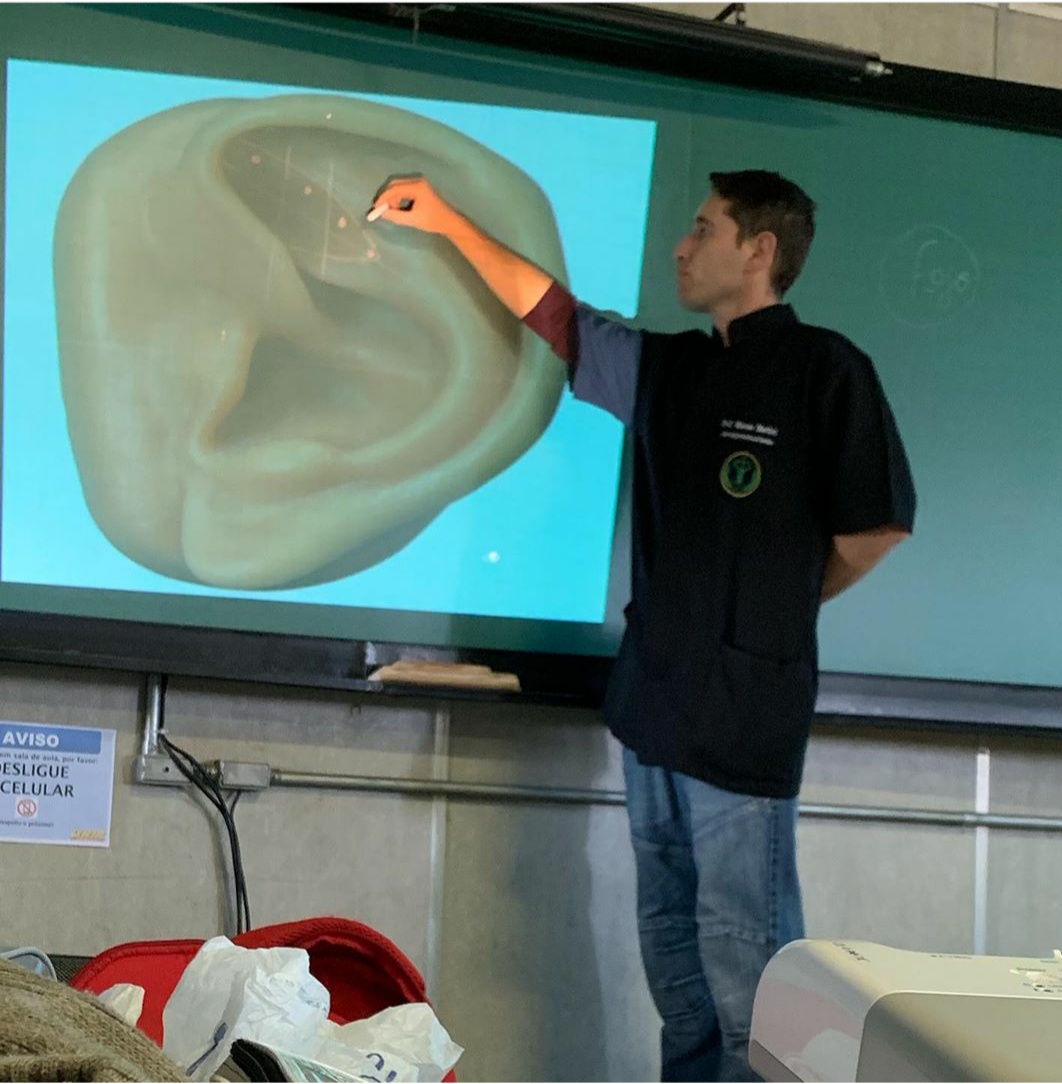 Marcos Martini ensinando Auriculoterapia diante da projeção de uma orelha