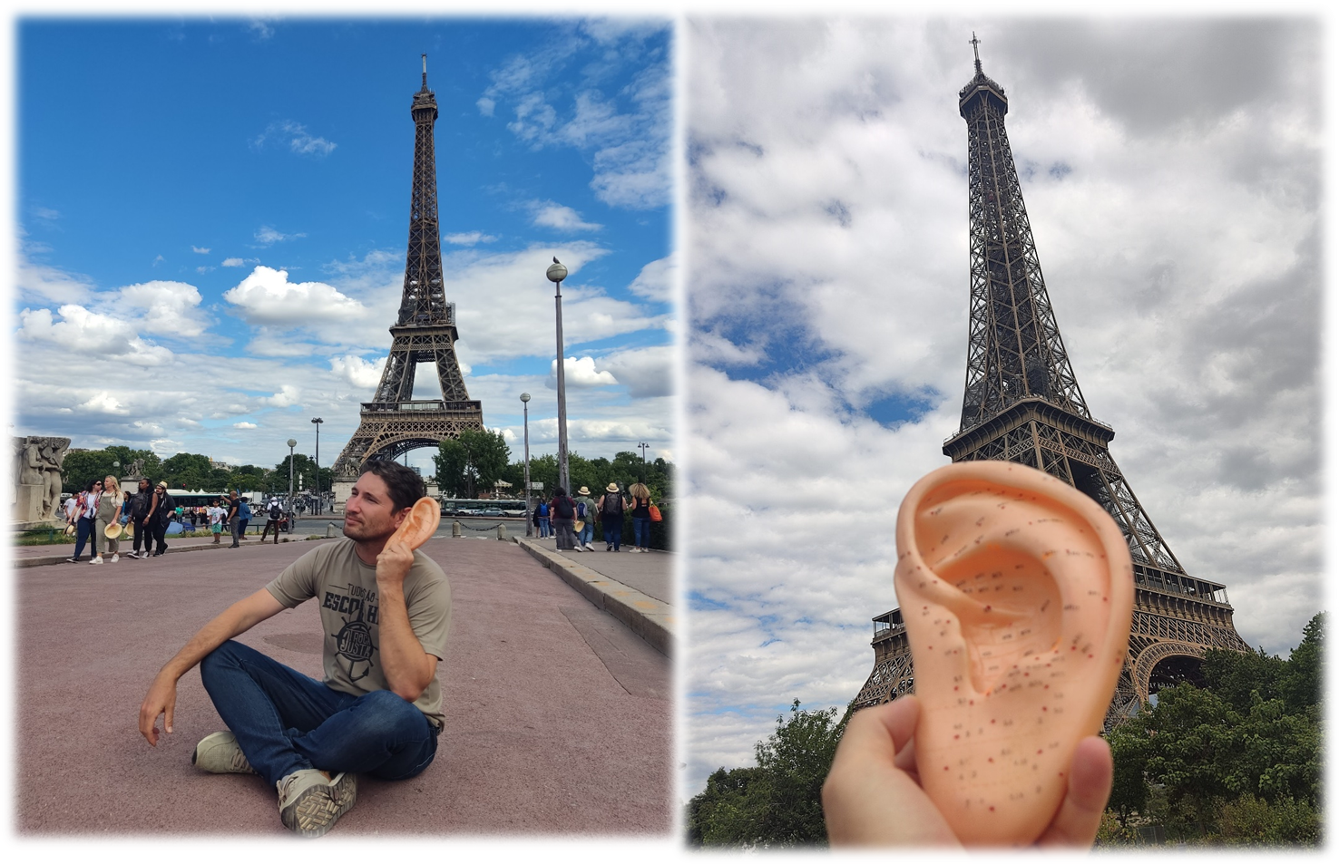 Marcos Martini em Paris com um modelo de orelha, diante da Torre Eiffel